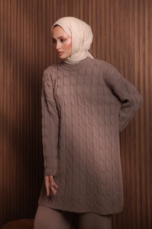 Balenbi Kadın Oversize Saç Örgü Desen Pantolonlu Tesettür Triko Takım 1135