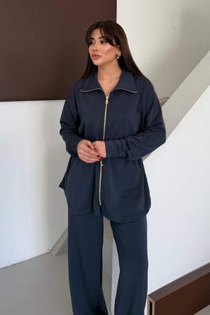 Balenbi Oversize Fermuarlı Beli Bağcıklı Polo Yaka Modal Kadın Takım 1196 - Form Serisi