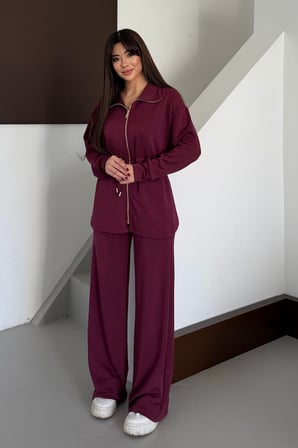 Balenbi Oversize Fermuarlı Beli Bağcıklı Polo Yaka Modal Kadın Takım 1196 - Form Serisi