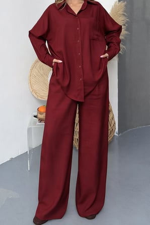 Balenbi Oversize Gömlek Bol Paça Pantolonlu Rahat Kesim Kadın İkili Takım 1201