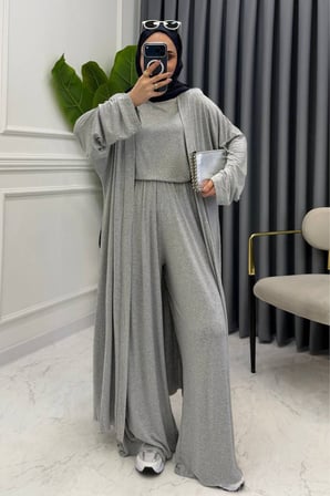 Balenbi Kadın Penye Uzun Hırka Bluz Geniş Paça Pantolon Abaya Takım 1217