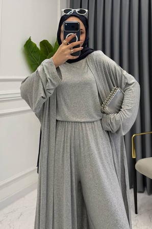 Balenbi Kadın Penye Uzun Hırka Bluz Geniş Paça Pantolon Abaya Takım 1217