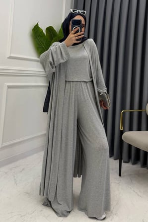Balenbi Kadın Penye Uzun Hırka Bluz Geniş Paça Pantolon Abaya Takım 1217