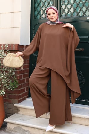 Balenbi Kadın Linda Kumaş Asimetrik Tunik Bol Paça Pantolon Oversize Tesettür Takım 1231