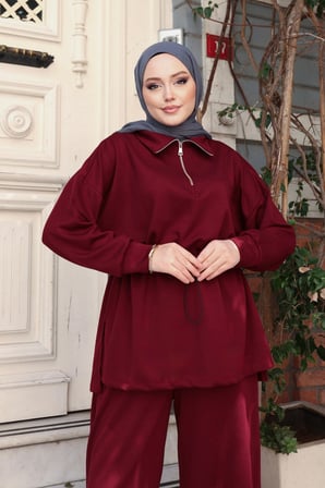 Balenbi Kadın Oversize Kesim Fermuarlı Yaka Bel Stoperli Modal Takım 1234
