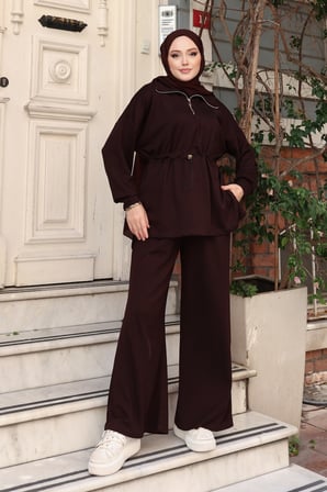 Balenbi Kadın Oversize Kesim Fermuarlı Yaka Bel Stoperli Modal Takım 1234