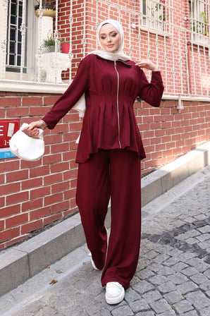 Balenbi Kadın Oversize Kesim Beli Pileli Ful Fermuarlı Modal Takım 1235