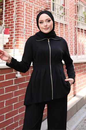 Balenbi Kadın Oversize Kesim Beli Pileli Ful Fermuarlı Modal Takım 1235