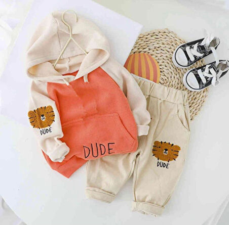 Dude Desenli Kapşonlu Bebek Alt Üst Takım Mavi | 6-9 AY