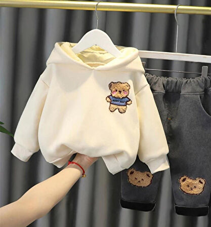 Toy Ayı Görselli Kapşonlu Zarif Bebek Takım Beyaz | 12-18 AY