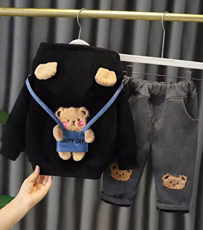 Toy Ayı Görselli Kapşonlu Zarif Bebek Takım Siyah | 9-12 Ay