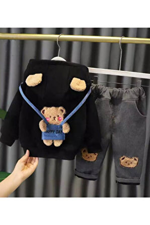 Toy Ayı Görselli Kapşonlu Zarif Bebek Takım Siyah | 9-12 Ay
