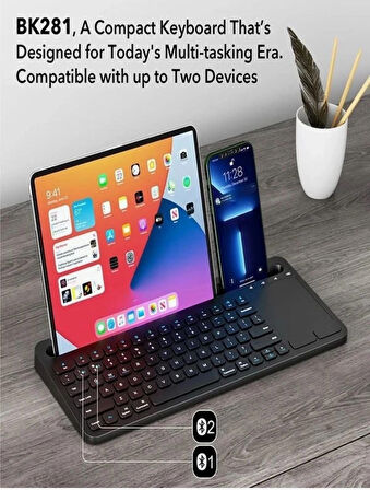 Kablosuz Type-C Şarjlı Bluetooth Klavye Touchpadli Telefon-Tablet Standlı iOS/Android/Windows Uyumlu