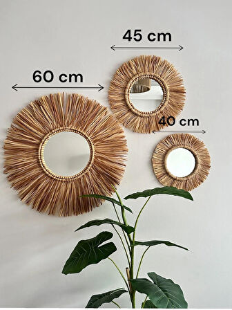 El yapımı dekoratif bohem ahşap boncuklu aynalı 3’lü doğal rafya duvar süsü