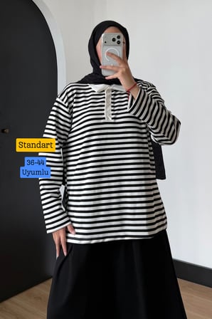 Balenbi Kadın Patlı Oysho Modal Kumaş Polo Yaka Çizgili Tunik 399