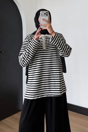 Balenbi Kadın Patlı Oysho Modal Kumaş Polo Yaka Çizgili Tunik 399