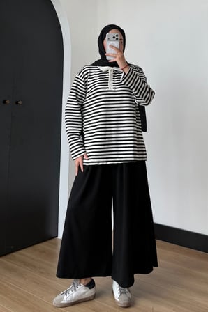 Balenbi Kadın Patlı Oysho Modal Kumaş Polo Yaka Çizgili Tunik 399