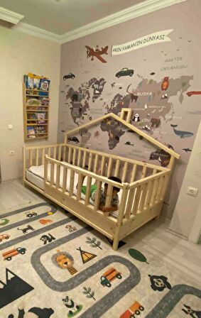 Baby Kinder Back Roofed Doğal Ahşap Yatak Montessori Bebek ve Çocuk Karyolası