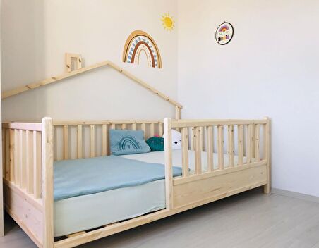 Baby Kinder Back Roofed Doğal Ahşap Yatak Montessori Bebek ve Çocuk Karyolası