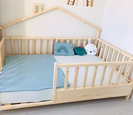 Baby Kinder Back Roofed Doğal Ahşap Yatak Montessori Bebek ve Çocuk Karyolası