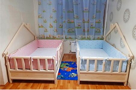 Baby Kinder Back Roofed Doğal Ahşap Yatak Montessori Bebek ve Çocuk Karyolası