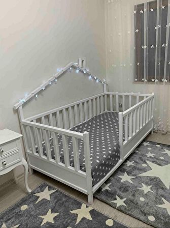 Baby Kinder Wh. Back Roofed Doğal Ahşap Yatak Montessori Bebek ve Çocuk Karyolası