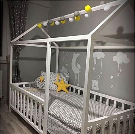 BABY KİNDER ÇATILI BEYAZ MONTESSORİ BEBEK & ÇOCUK KARYOLASI