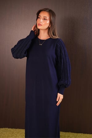 Balenbi Kadın Ajur Balon Kol Detaylı Uzun Triko Elbise 8421 - Premium Seri