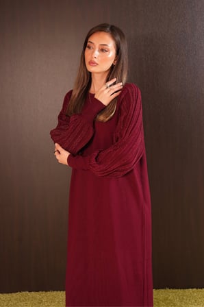 Balenbi Kadın Ajur Balon Kol Detaylı Uzun Triko Elbise 8421 - Premium Seri
