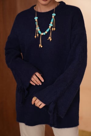 Balenbi Kadın Bisiklet Yaka Kol Detaylı Bağcıklı Oversize Sakallı Triko Tunik 8426 - Premium Seri