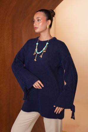 Balenbi Kadın Bisiklet Yaka Kol Detaylı Bağcıklı Oversize Sakallı Triko Tunik 8426 - Premium Seri