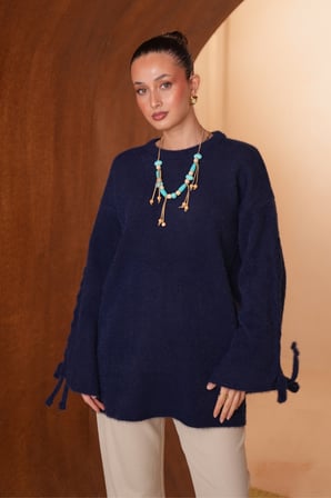 Balenbi Kadın Bisiklet Yaka Kol Detaylı Bağcıklı Oversize Sakallı Triko Tunik 8426 - Premium Seri