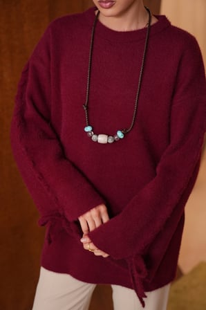 Balenbi Kadın Bisiklet Yaka Kol Detaylı Bağcıklı Oversize Sakallı Triko Tunik 8426 - Premium Seri