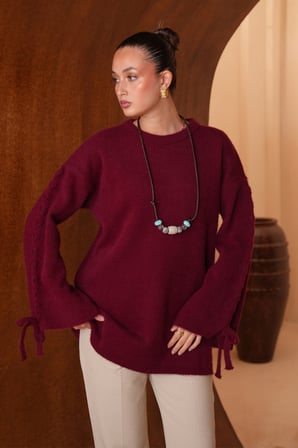 Balenbi Kadın Bisiklet Yaka Kol Detaylı Bağcıklı Oversize Sakallı Triko Tunik 8426 - Premium Seri