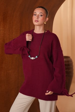 Balenbi Kadın Bisiklet Yaka Kol Detaylı Bağcıklı Oversize Sakallı Triko Tunik 8426 - Premium Seri