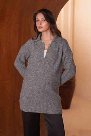 Balenbi Kadın Polo Yaka Salaş Kesim Basic Jazz İplik Triko Tunik 8442 - Premium Seri