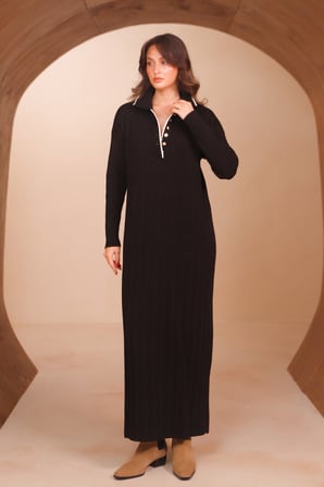 Balenbi Kadın Polo Yaka Düğme Detaylı Fitilli Uzun Triko Elbise 8515