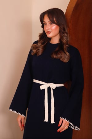 Balenbi Kadın Maxi Boy Bisiklet Yaka Kolları Çoban Dikişli Kuşaklı Tesettür Triko Elbise 8525
