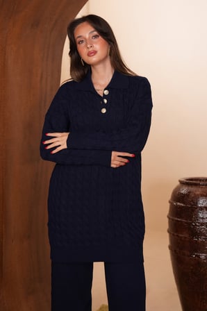 Balenbi Kadın Polo Yaka Saç Örgülü Dokulu 2'li Tesettür Triko Takım 8568