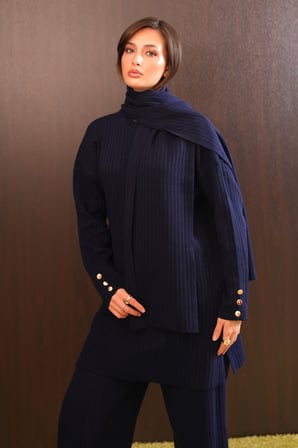 Balenbi Kadın Kolu Düğme Detaylı Dikey Fitilli Şallı Tesettür Triko Takım 8583