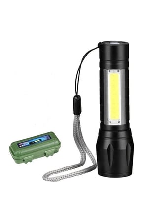 USB Şarjlı Zoomlu Mini El Feneri 3 Mod Yan COB LED Çakar Q5 Güçlü Işık Kutulu