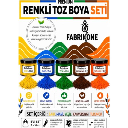 Toz Mum Boyası Seti 10 cc 5'li – Soya & Parafin Wax Için – Sarı, Mavi, Yeşil, Kahverengi, Turuncu BKFAB5SRMYKHT10G