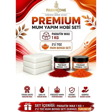 Premium Mum Yapım Hobi Seti - Parafin Wax 1 kg - 2'li Toz Mum Boyası Seti - Kırmızı, Turuncu BKFABPW1KG2KT
