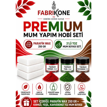Premium Mum Yapım Hobi Seti - Parafin Wax 250 gr - 3'lü Toz Mum Boyası Seti - Kırmızı, Yeşil, Kahverengi BKFABPW2503KYKH