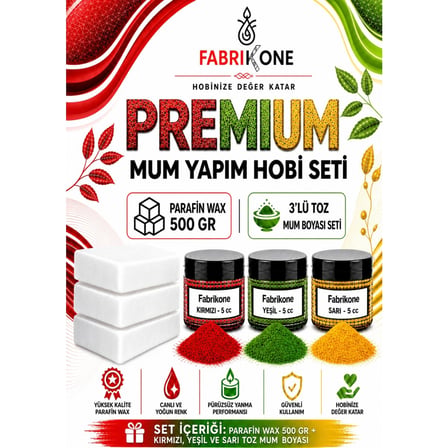 Premium Mum Yapım Hobi Seti - Parafin Wax 500 gr - 3'lü Toz Mum Boyası Seti - Kırmızı, Yeşil, Sarı BKFABPW5003KYSR