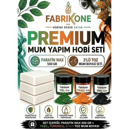 Premium Mum Yapım Hobi Seti - Parafin Wax 500 gr - 3'lü Toz Mum Boyası Seti - Yeşil, Turuncu, Siyah BKFABPW5003YTS