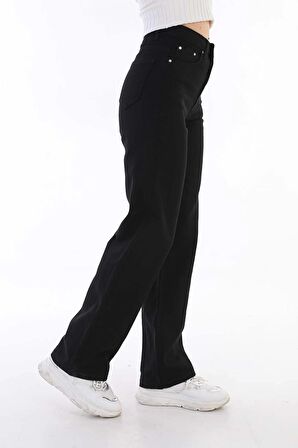 Kadın Siyah Yüksek Bel Geniş Paça Bol Salaş Palazzo Jeans
