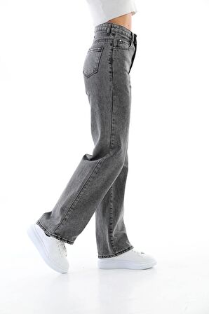 Kadın Füme Yüksek Bel Geniş Paça Bol Salaş Palazzo Jeans