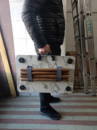 Portatif, Çok Amaçlı, Taşınabilir Kamp, Piknik, Seyehat Masası,-Mermer Desen- Ahşap Ayaklı