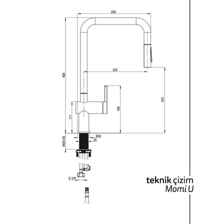 Deante MOMI F73N Mutfak Armatürü, U Tipi, Spiralli Başlık, Fırçalanmış Çelik Renk